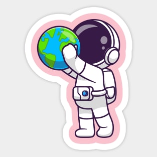 Cute Astronaut Holding Earth Globe Cartoon Sticker